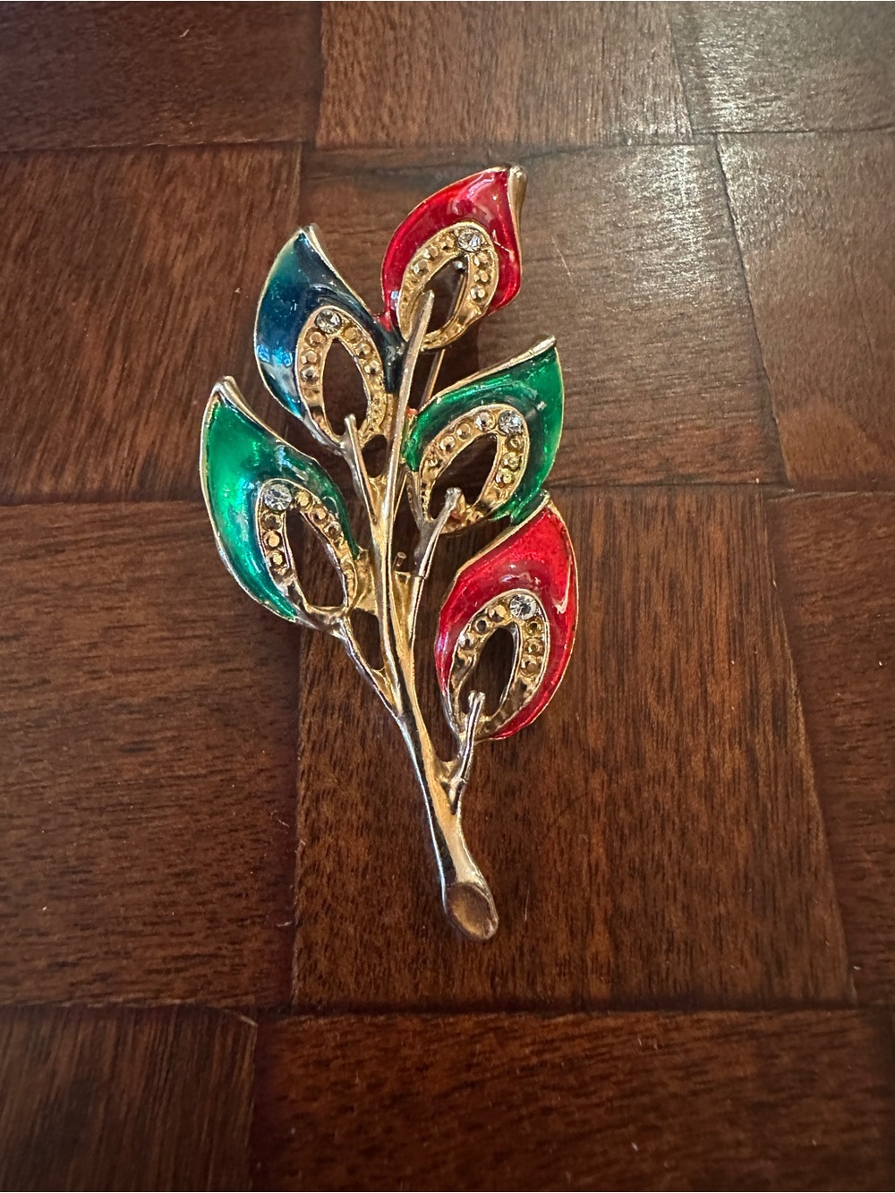 Gold-Tone Leaf Brooch with Red, Green & Blue Enamel Accents